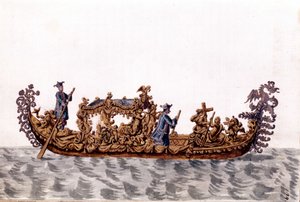 Kuninkaallinen gondoli. Akvarellipiirustus ja muste Jan van Grevenbroekin (tai Giovanni Grevenbroichin (Grevenbroich) (1731-1807) käsikirjoituksesta "Venitsialaisten tulli") tekijältä Jan van Grevenbroeck