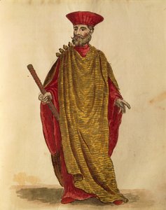 Capitano Generale Da Mar (laivaston kapteeni) Serenissiman tasavallasta Venetsiassa, kirjoittanut Jan van Grevenbroeck tai Giovanni Grevembroch (1731-1807), Gli Donne de Veneziani, kuvitetusta pukukirjasta, akvarelli tekijältä Jan van Grevenbroeck