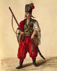 Karabiinipuku, Jan van Grevenbroeck tai Giovanni Grevembroch (1731-1807), Gli Donne de Veneziani, kuvitetusta pukukirjasta, akvarelli tekijältä Jan van Grevenbroeck