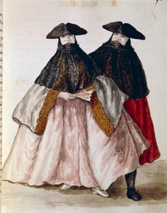 Karnevaalihahmot Venetsiassa, kuvitus Kuvitetusta venetsialaisten pukujen kirjasta, Jan Grevenbroeck (1731-1807), akvarelli, Italia