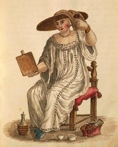 Nainen meikkaamassa, kirjoittanut Jan van Grevenbroeck tai Giovanni Grevembroch (1731-1807), Gli Abiti de Veneziani, kuvitetusta pukukirjasta, akvarelli tekijältä Jan van Grevenbroeck