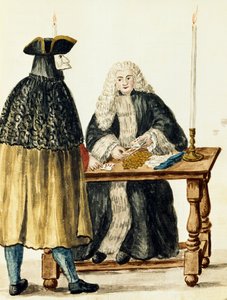 Tuomari pelikorttien kanssa naamioituneen miehen kanssa, kirjoittanut Jan Grevenbroeck (1731-1807), Italia tekijältä Jan van Grevenbroeck