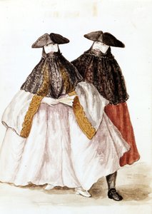 Venetsian karnevaalien naamiot. Akvarellipiirustus ja muste Jan van Grevenbroekin (tai Giovanni Grevenbroichin (Grevenbroich) (1731-1807) käsikirjoituksesta "Venitsialaisten tulli")