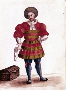 Venetsian kauppias 1400-luvulla. Akvarellipiirros ja muste Jan van Grevenbroeckin (tai Giovanni Grevembrochin (Grevenbroch) (1731-1807) käsikirjoituksesta "Venitsialaisten tulli")