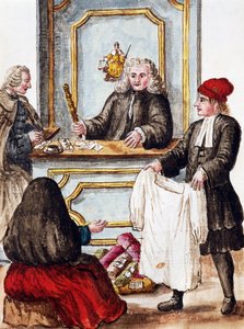 Panttilainaus, kuvitus Kuvitetusta venetsialaisten pukujen kirjasta, Jan Grevenbroeck (1731-1807), akvarelli, Italia tekijältä Jan van Grevenbroeck