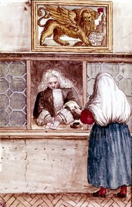Panttilainaamo. hurskauden vuori Venetsiassa. Akvarellipiirros ja muste Jan van Grevenbroeckin (tai Giovanni Grevembrochin (Grevenbroch) (1731-1807) käsikirjoituksesta "Venitsialaisten tulli") tekijältä Jan van Grevenbroeck