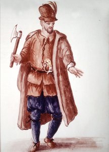 Scapolo di galéa: Palkettu soutukone keittiöissä 1700-luvulla. Akvarellipiirros ja muste Jan van Grevenbroeckin (tai Giovanni Grevembrochin (Grevenbroch) (1731-1807) käsikirjoituksesta "Venitsialaisten tulli") tekijältä Jan van Grevenbroeck