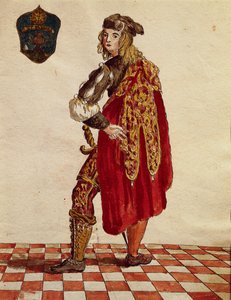 Confraternity de la Calzan ritarin puku (Sukka) vuonna 1564, Jan van Grevenbroeck tai Giovanni Grevembroch (1731-1807), Gli Abiti de Veneziani, kuvitetusta pukukirjasta, akvarelli tekijältä Jan van Grevenbroeck