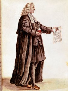 Apteekki pitelee käsissään pientä injektiopulloa ja reseptiä Piirrä akvarelli ja mustetta käsikirjoituksesta Jan van Grevenbroeck (tai Giovanni Grevembroch (Grevenbroch) (1731-1807)) tekijältä Jan van Grevenbroeck