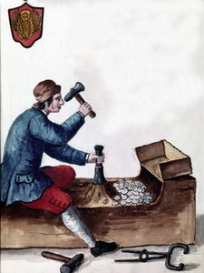 Venetsian tasavallan kolikoiden valmistus: lyönnin vaihe. Akvarellipiirros ja muste Jan van Grevenbroeckin (tai Giovanni Grevembrochin (Grevenbroch) (1731-1807) käsikirjoituksesta "Venitsialaisten tulli") tekijältä Jan van Grevenbroeck