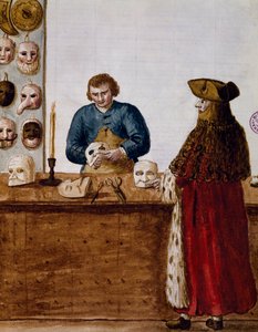 Naamiokauppa, kuvitus kuvitetusta venetsialaisten pukujen kirjasta, Italia tekijältä Jan van Grevenbroeck