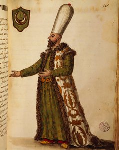 Turkin suurlähettiläs Venetsiassa, Giovanni di Grevembrochin värillinen kaiverrus, Gli abbigliamento de veneziani (venetsialaisten puvut), osa II, levy 121 tekijältä Jan van Grevenbroeck