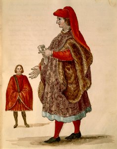 Venetsialainen senaattori yllään "Dogalina", muodollinen viitta leveillä hihoilla, Jan van Grevenbroeck tai Giovanni Grevembroch (1731-1807), Gli Abiti de Veneziani, kuvitetusta pukukirjasta, akvarelli tekijältä Jan van Grevenbroeck