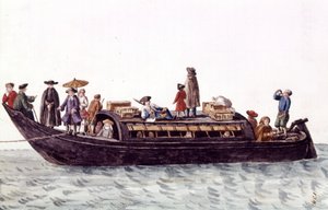 Venetsian laguunivene ihmisten ja tavaroiden kuljettamiseen. Akvarellipiirros ja muste Jan van Grevenbroeckin (tai Giovanni Grevembrochin (Grevenbroch) (1731-1807) käsikirjoituksesta "Venitsialaisten tulli") tekijältä Jan van Grevenbroeck