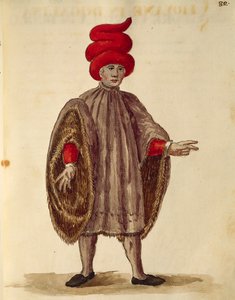 Nuori mies yllään "Dogalina", juhlavaate leveillä hihoilla, Jan van Grevenbroeck tai Giovanni Grevembroch (1731-1807), Gli Abiti de Veneziani, kuvitetusta pukukirjasta, akvarelli tekijältä Jan van Grevenbroeck