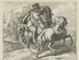 Sotilas ammuttiin hevosen selässä Ratsuväkikohtaukset (sarjan nimi) tekijältä Jan van Huchtenburg (possibly copy after)
