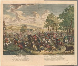 Ratsastustaistelu, noin 1702 Praelium Belgiassa / Alankomaiden taistelu (otsikko esineessä) tekijältä Jan van Huchtenburg