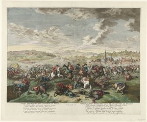 Ratsastustaistelu Pohjois-Italiassa, noin 1702-1703 Pugna Germanorum et Gallorum in Italia / Saksalaisten taistelu ranskalaisten kanssa Italiassa (otsikko esineessä) tekijältä Jan van Huchtenburg