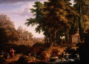 Arkadian maisema Pyhän Pietarin ja Pyhän Johanneksen kanssa parantamassa rampautunutta miestä, 1724-25 (pari numeroon 68871) tekijältä Jan van Huysum
