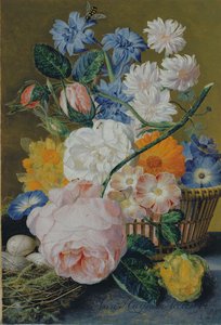 Ruusut, aamukirkko, narsissi, aster ja muut kukat korissa, munat pesässä marmorireunuksella, 1744
