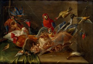 Koristeellinen asetelma, jossa on lintuja ja kaksi lepakkoa, 1600-luvun puoliväli tekijältä Jan van Kessel