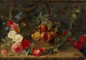 Koristeellinen asetelma ja hedelmäkori, 1600-luvun puoliväli tekijältä Jan van Kessel