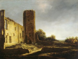 Egmond aan den Hoefin linnan rauniot lähellä Alkmaaria. tekijältä Jan van Kessel