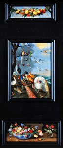 Asetelmataulut - hedelmäseppele, erilaisia lintuja, kukkakimppuja tekijältä Jan van Kessel the Elder