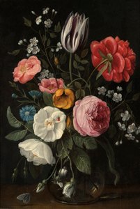 Ruusut, tulppaani, pioni, kirsikankukka ja kentaurium lasimaljakossa reunalla olevalla reunalla. tekijältä Jan van Kessel the Elder