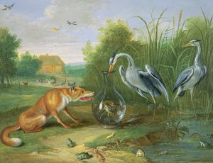 Heron and the Fox, 1661 (öljy kuparille) tekijältä Jan van Kessel the Elder