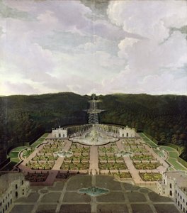 Näkymä puutarhasta ja luolista vesiputousten juurella kahdeksankulmioon, vuoden 1716 jälkeen