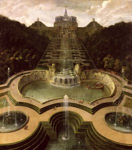 Näkymä Octagonista vesiputousten ja Neptunuksen altaiden yli, vuoden 1716 jälkeen