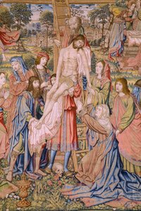 Flanderin kuvakudos. Sarja Kristuksen kärsimys: Laskeutuminen ristiltä (Kruisafneming, Descendimiento de la cruz). Valmistus Pieter van Aelst. Sarjakuvapiirtäjä Jan van Roome. Noin 1507-1520. Yksityiskohta.