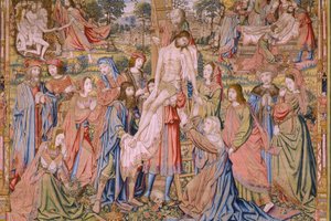 Flanderin kuvakudos. Sarja Kristuksen kärsimys: Laskeutuminen ristiltä (Kruisafneming, Descendimiento de la cruz). Valmistus Pieter van Aelst. Sarjakuvapiirtäjä Jan van Roome. Noin 1507-1520. Yksityiskohta.