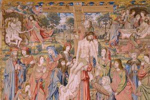 Flanderin kuvakudos. Sarja Kristuksen kärsimys: Laskeutuminen ristiltä (Kruisafneming, Descendimiento de la cruz). Valmistus Pieter van Aelst. Sarjakuvapiirtäjä Jan van Roome. Noin 1507-1520. Yksityiskohta.