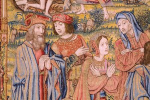 Flanderin kuvakudos. Sarja Kristuksen kärsimys: Laskeutuminen ristiltä (Kruisafneming, Descendimiento de la cruz). Valmistus Pieter van Aelst. Sarjakuvapiirtäjä Jan van Roome. Noin 1507-1520. Yksityiskohta.