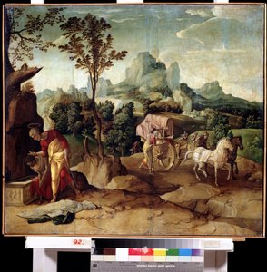 Kaste (risteäiset). Pyhä Philip diakoni ilmoittaa uskosta Etiopian kuningattaren eunukille ja kastaa hänet. Jan van Scorelin (1495-1562) maalaus. Öljy puulle, 73 x 82 cm. Hollantilainen taide, renessanssi. Kaukoidän museo, Habarovsk.