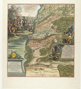 Kuona Höchstädtissä, 1704 Suunnitelma kunniakkaasta taistelusta annettiin 13. elokuuta Tonavan lähellä Hochstettiä (...) (otsikko esineessä)