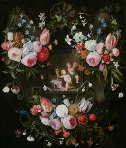 Cartouche-asetelma kukista allegorisen kuvan ympärillä Putista kalliilla esineillä ja naamiolla, 1648