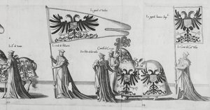 Banderollit keisari Kaarle V:n hautajaisissa 1559 tekijältä Jan van and Doetechum Doetechum the elder