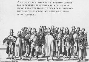 Trumpetistiryhmä keisari Kaarle V:n hautajaisissa 1559 tekijältä Jan van and Doetechum Doetechum the elder