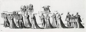 Keisarilliset aseet keisari Kaarle V:n hautajaisissa 1559 tekijältä Jan van and Doetechum Doetechum the elder
