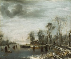 Talvimaisema luistelijoiden ja Colf-pelaajien kanssa jäätyneellä vesitiellä, 1653