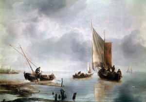 Pieni alus kevyessä ilmassa ja toinen rannalla, n. 1650-1660, Jan van de Cappellen (1624-n. 1679), öljy kankaalle, 34, 8x48
