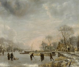 ""Talvimaisema golfin pelaajien kanssa jäällä"" (Talvimaisema Kolf-pelaajien kanssa) Jan van de Cappellen maalaus (1626-1679)