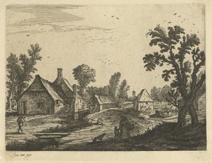 Kylänäkymä naisen ja lapsen kanssa kyläkadulla tekijältä Jan van de Cappelle (attributed to)