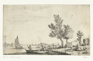 Jokimaisema, jossa kaksi miestä soutuveneessä tekijältä Jan van de Cappelle (attributed to)
