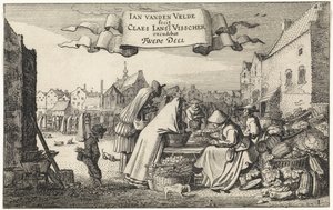 Figuurit vihanneskojussa torilla Maisemat (sarjan nimi) Amenissimae aliquot requculae (sarjan nimi) tekijältä Jan van de Velde (II)