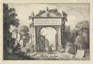 Figuurit portilla maisemassa Maisemat (sarjan nimi) Amenissimae aliquot requculae (sarjan otsikko objektissa) tekijältä Jan van de Velde (II)