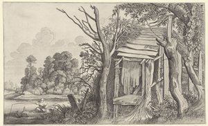 Kalastaja rappeutuneessa mökissä maisemassa Maisemat Pieter de Molijnin jälkeen (sarjan nimi)